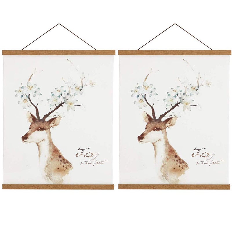 Artmag 2 Pack Magnetic Poster Hanger Frame, 14x17 14x20 14x22 Light Wood Wooden Magnet Canvas Artwork Print Dowel Poster Hangers for Frames Hanging Kit (Teak Wood, 14", 2 Packs) - Image 1